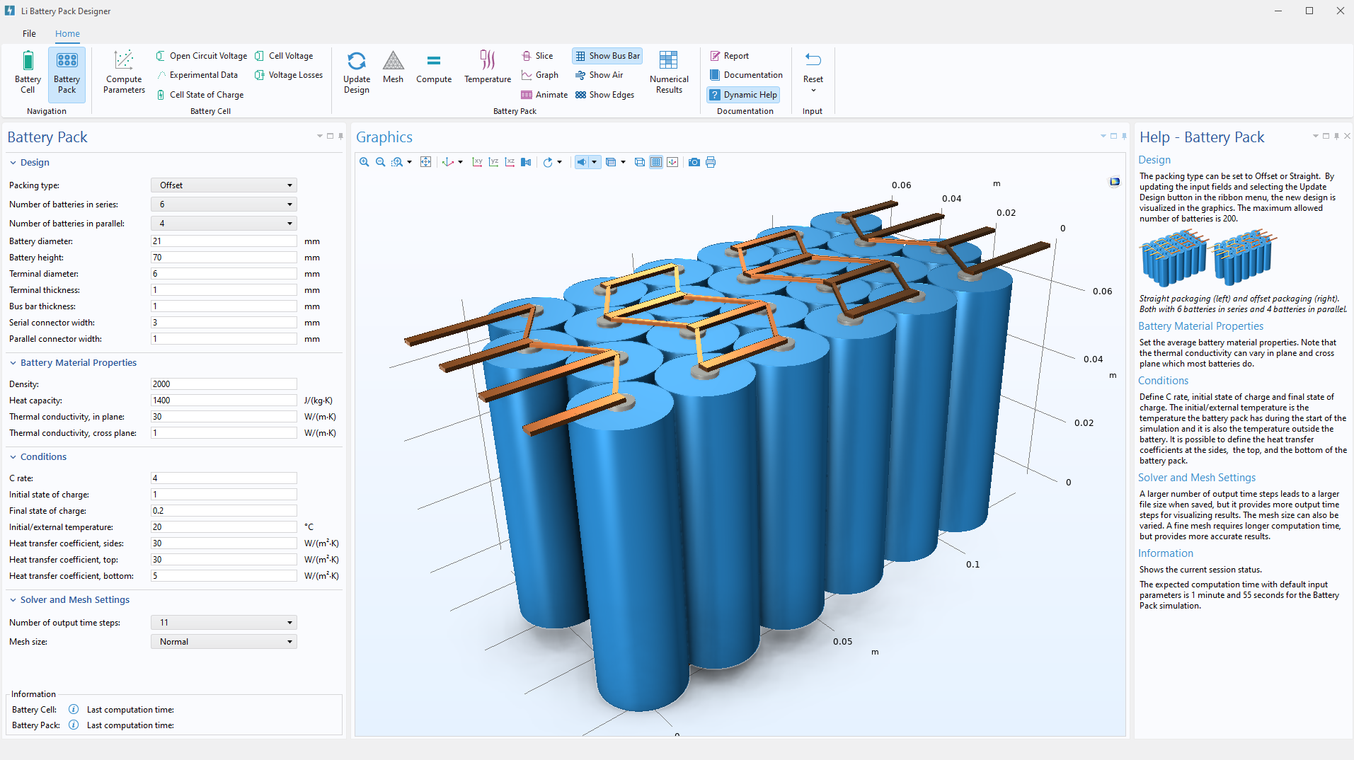 A compiled simulation app for analyzing a battery pack, with a ribbon at the top, input fields on the left, and the model on the right.COMSOL&nbsp;Multiphysics<sup>&reg;</sup>